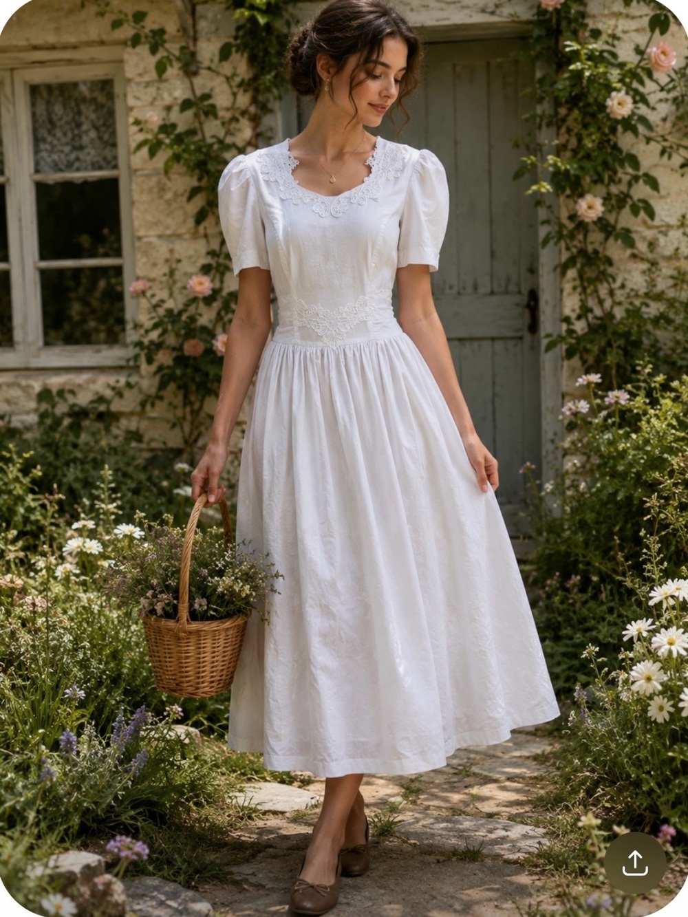 VINTAGE 70's 100% Cotton Cottagecore White Puff-Sleeve Midi Dress Lace Detail